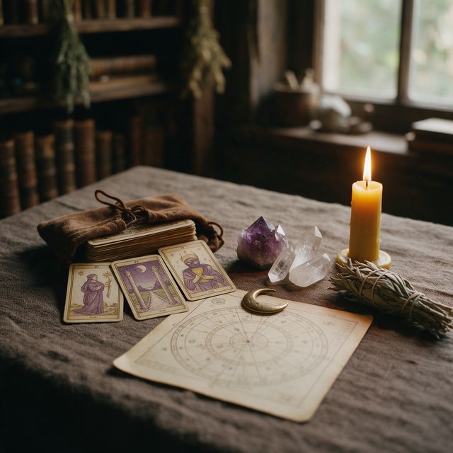 Mesa esotérica com tarô, cristais e mapa astral