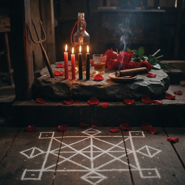 Altar de Quimbanda com velas vermelhas e pretas e ponto riscado